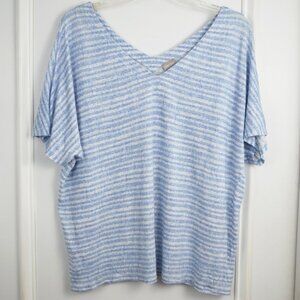 Chicos V Neck T Shirt XL Women 3 Linen Blue White Stripes Nautical Beachy Casual